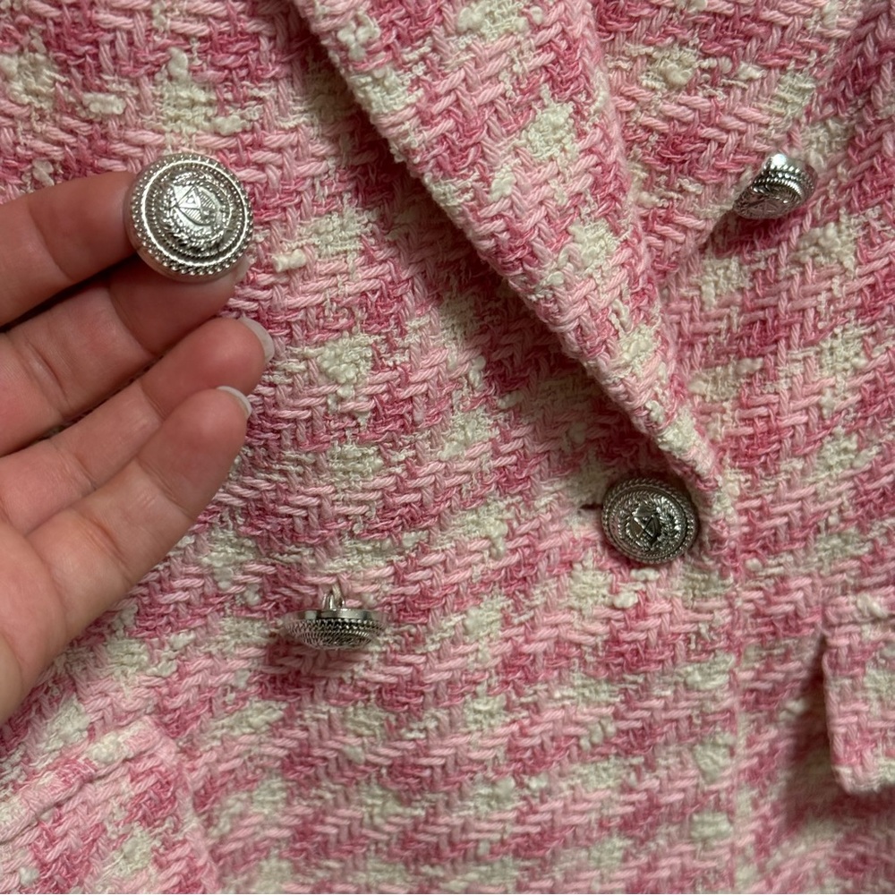 ZARA Pink Tweed Blazer Double Breasted Bouclé Jacket tailored Preppy Workwear - Picture 7 of 14